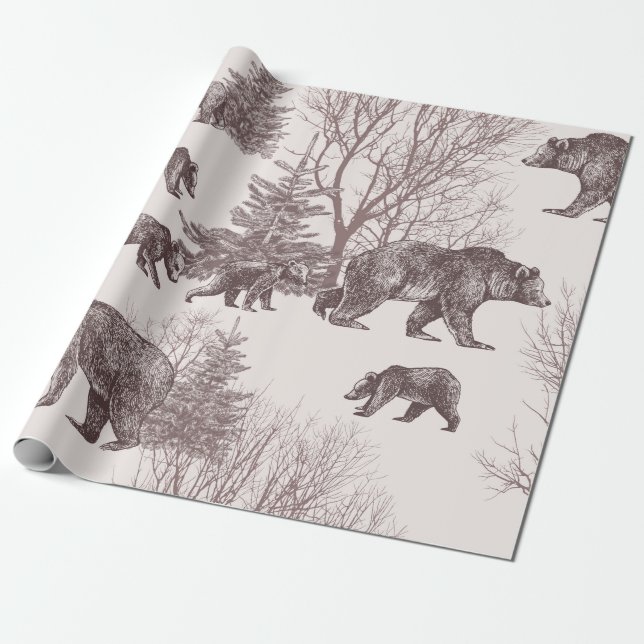 Papel De Regalo Paisaje con osos, costillas, árboles de invierno y (Desenrollado)