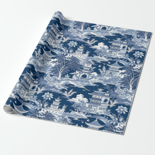 Papel De Regalo Paisaje de Chinoiserie Pintura azul blanco