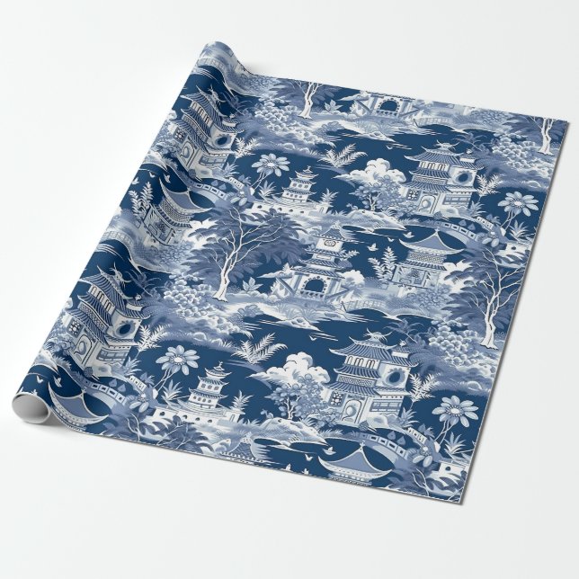 Papel De Regalo Paisaje de Chinoiserie Pintura azul blanco (Desenrollado)