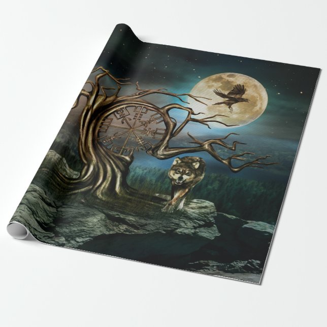 Papel De Regalo Paisaje de la luna de árbol vegetal (Desenrollado)