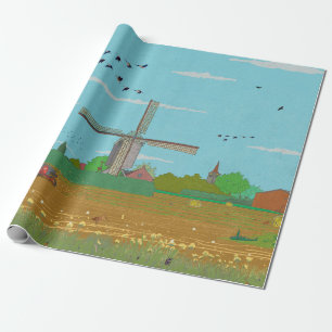 Papel De Regalo Paisaje del campo del molino de viento holandés