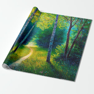 Papel De Regalo Paisaje forestal de pintura petrolera, hermosa vía