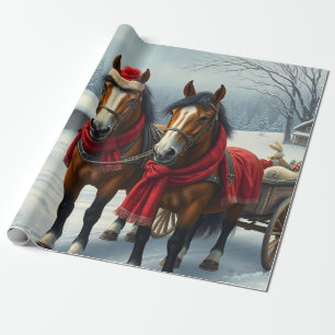 Papel De Regalo Paisaje invernal con caballos y cabinas