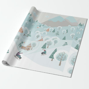 Papel De Regalo Paisaje invernal con nieve, árboles y niños en 