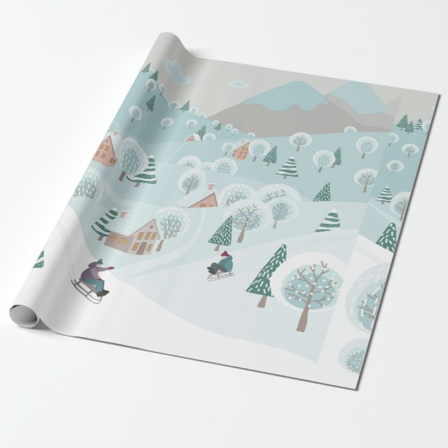 Papel De Regalo Paisaje invernal con nieve, árboles y niños en  (Desenrollado)