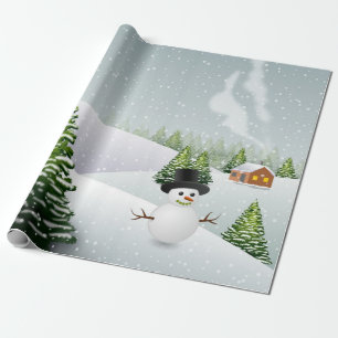 Papel De Regalo Paisaje Invernal Muñeco de Nieve Navidad