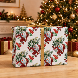 Papel De Regalo Paisaje Invernal Muñeco de Nieve Navidad