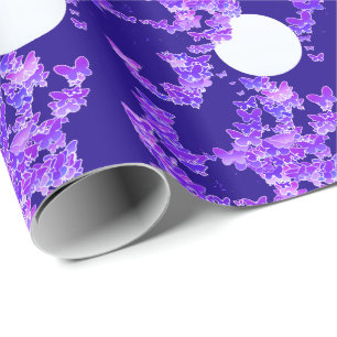 Papel De Regalo Paisaje lunar con mariposas - lila, azul oscuro