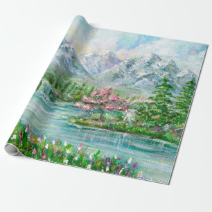 Papel De Regalo Paisaje montañoso de primavera. Mano acrílica orig