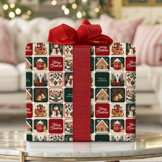 Papel De Regalo Paisaje Navideño Vintage Muñeco de Nieve Personali