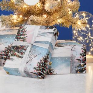 Papel De Regalo Paisaje nevado de los árboles de Navidad