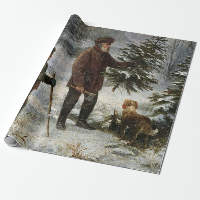 Papel De Regalo Paisaje nevado del árbol de Navidad familiar (Desenrollado)