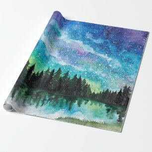 Papel De Regalo Paisaje nocturno de acuarela Vía Láctea