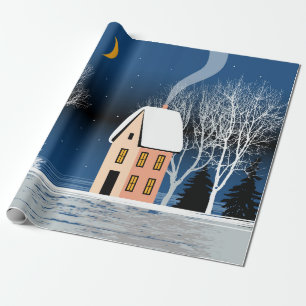 Papel De Regalo Paisaje nocturno de invierno. Casa acogedora, arbo