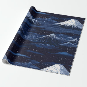 Papel De Regalo Paisaje Nocturno Estelar de Montaña Nevada en Azul
