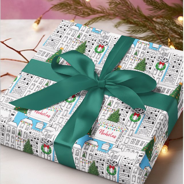 Papel De Regalo Paisaje personalizado de los Navidades de la ciuda (Put your family name or the name of a loved one on this unique Christmas in the City gift wrap!)