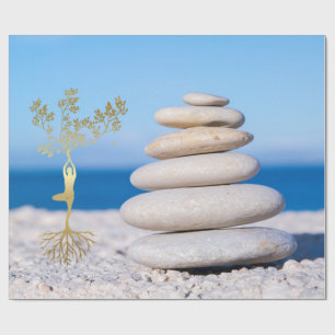 Papel De Regalo Paisaje, Piedras Zen, Silueta de Árbol Dorado