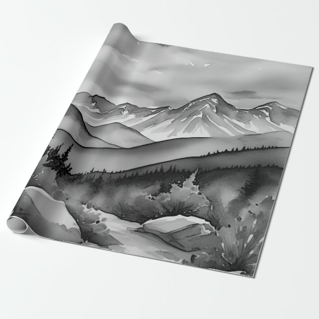Papel De Regalo Paisaje pintado en blanco y negro de las montañas (Desenrollado)