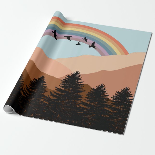 Papel De Regalo Paisaje Resumen Árboles forestales Arcoiris y Aves (Desenrollado)