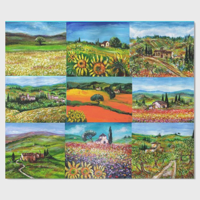 PAPEL DE REGALO PAISAJEROS DE TOSCANA, PAPAS, CAMPOS DE FLORES (Superficie plana)