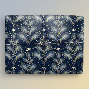 Papel De Regalo Paisley Celestial Azul y Oro Elegante Art Deco