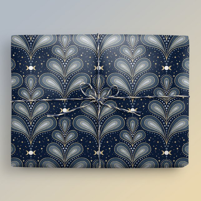 Papel De Regalo Paisley Celestial Azul y Oro Elegante Art Deco (Gift mockup)