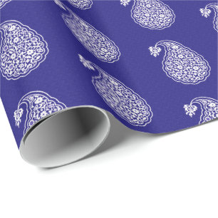 Papel De Regalo Paisley de azulejos persas - blanco sobre azul índ