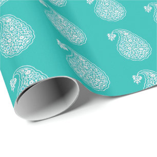 Papel De Regalo Paisley de tejas persas - blanco sobre turquesa