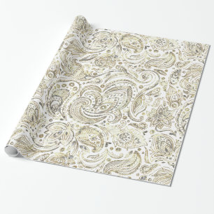 Papel De Regalo Paisley floral blanca y dorada