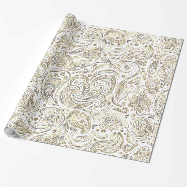 Papel De Regalo Paisley floral blanca y dorada (Desenrollado)
