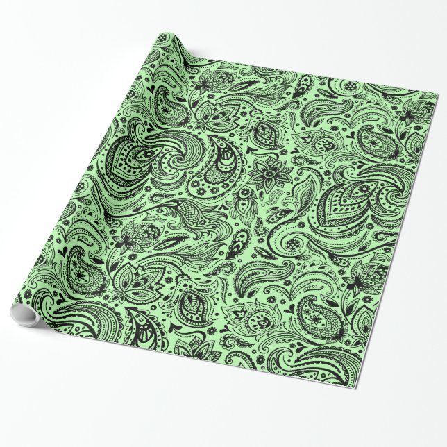 Papel De Regalo Paisley floral negra y verde (Desenrollado)
