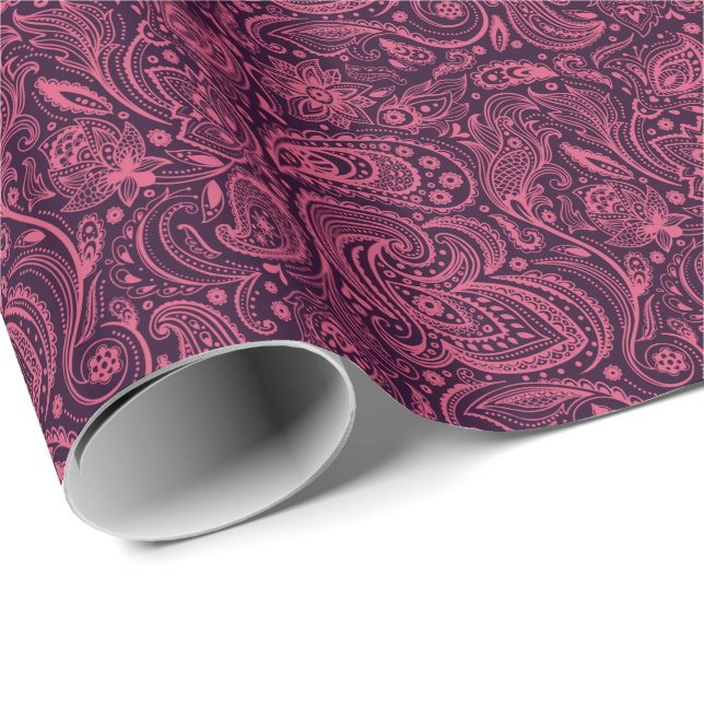 Papel De Regalo Paisley floral rosa sobre fondo morado (Esquina del rollo)