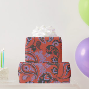 Papel De Regalo Paisley Linocut Vivid Naranja Purple