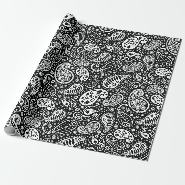 Papel De Regalo Paisley negra y blanca floral (Desenrollado)