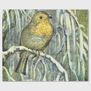Papel De Regalo Pajarito Robin de bonito en una rama nevada