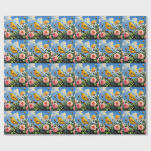 Papel De Regalo Pájaro amarillo colorido y rosas rosadas bonitas