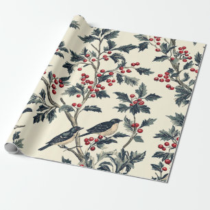 Papel De Regalo Pájaro Cantante Elegante Acebo Invierno Crema Patr