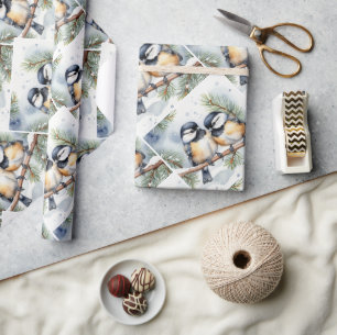 Papel De Regalo Pájaro carbonero pequeño y lindo naturaleza acuare