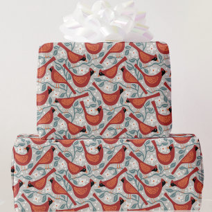 Papel De Regalo Pájaro Cardenal Festivo Acuarela