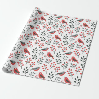 Papel De Regalo Pájaro de Navidad de baya roja moderna