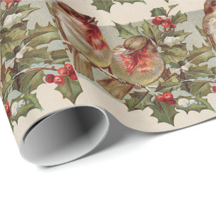 Papel De Regalo Pájaro de Navidad Ruiseñor Acebo Nieve