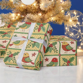 Papel De Regalo Pájaro de Navidad Vintage y Bayas de Acebo Cottage