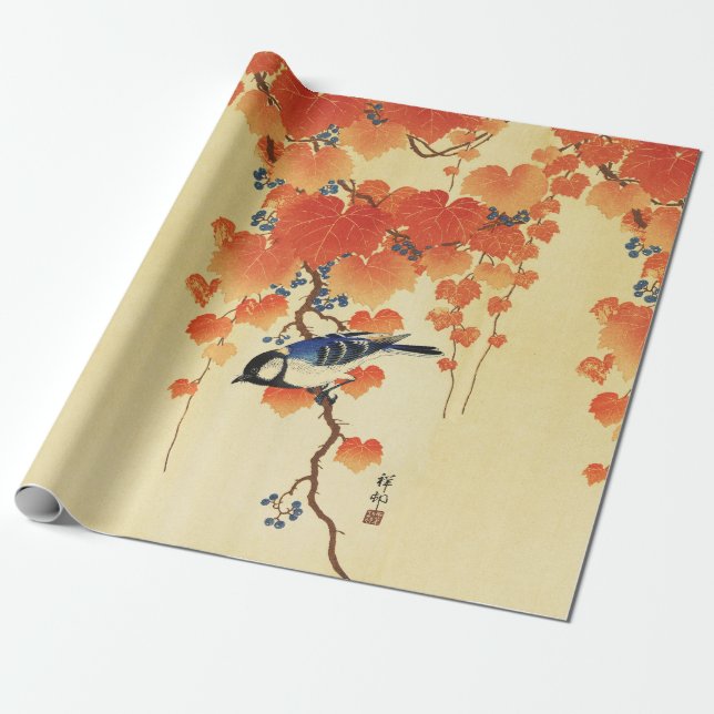 Papel De Regalo Pájaro de tit azul, rama de Paulownia, hojas de ot (Desenrollado)