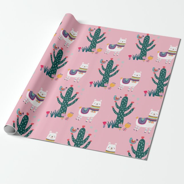 Papel De Regalo Pájaro y cactus lindos de la llama (Desenrollado)