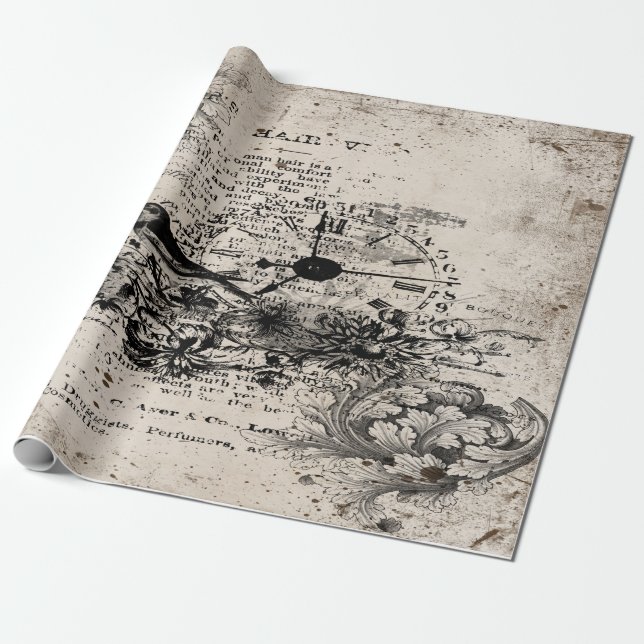 Papel De Regalo Pájaro y reloj de la desconexión de cosecha (Desenrollado)