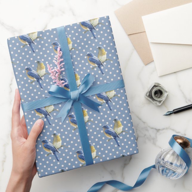 Papel De Regalo Pájaros azules con puntos de polka (Regalar)