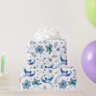 Papel De Regalo Pájaros Azules y Patrón Continuo de Armonía Floral