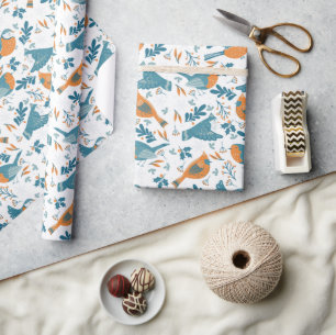 Papel De Regalo Pájaros coloridos con el invierno y símbolos Navid