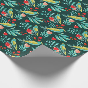 Papel De Regalo Pájaros de Acuarela, arándano y navidad del verd