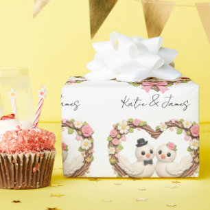 Papel De Regalo Pájaros de Amor Adorables en Corona Floral con For